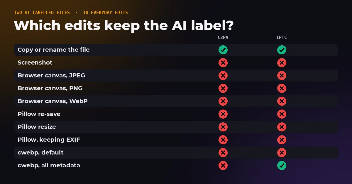 A grid showing ten common image edits and whether the C2PA and IPTC AI labels survived each one