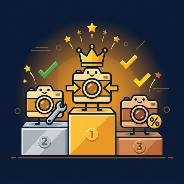 Illustration of a comparison podium with image compression tool icons being rated and ranked with star ratings and checkmarks