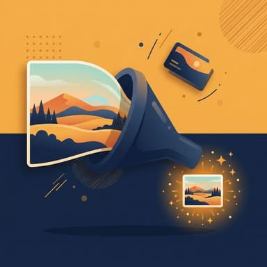 Illustration showing image compression with a photo being squeezed through a funnel