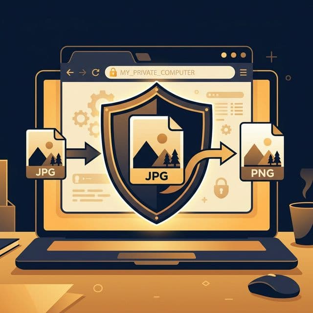 Illustration showing a shield protecting a photo during browser-based conversion with no data leaving the device for complete privacy