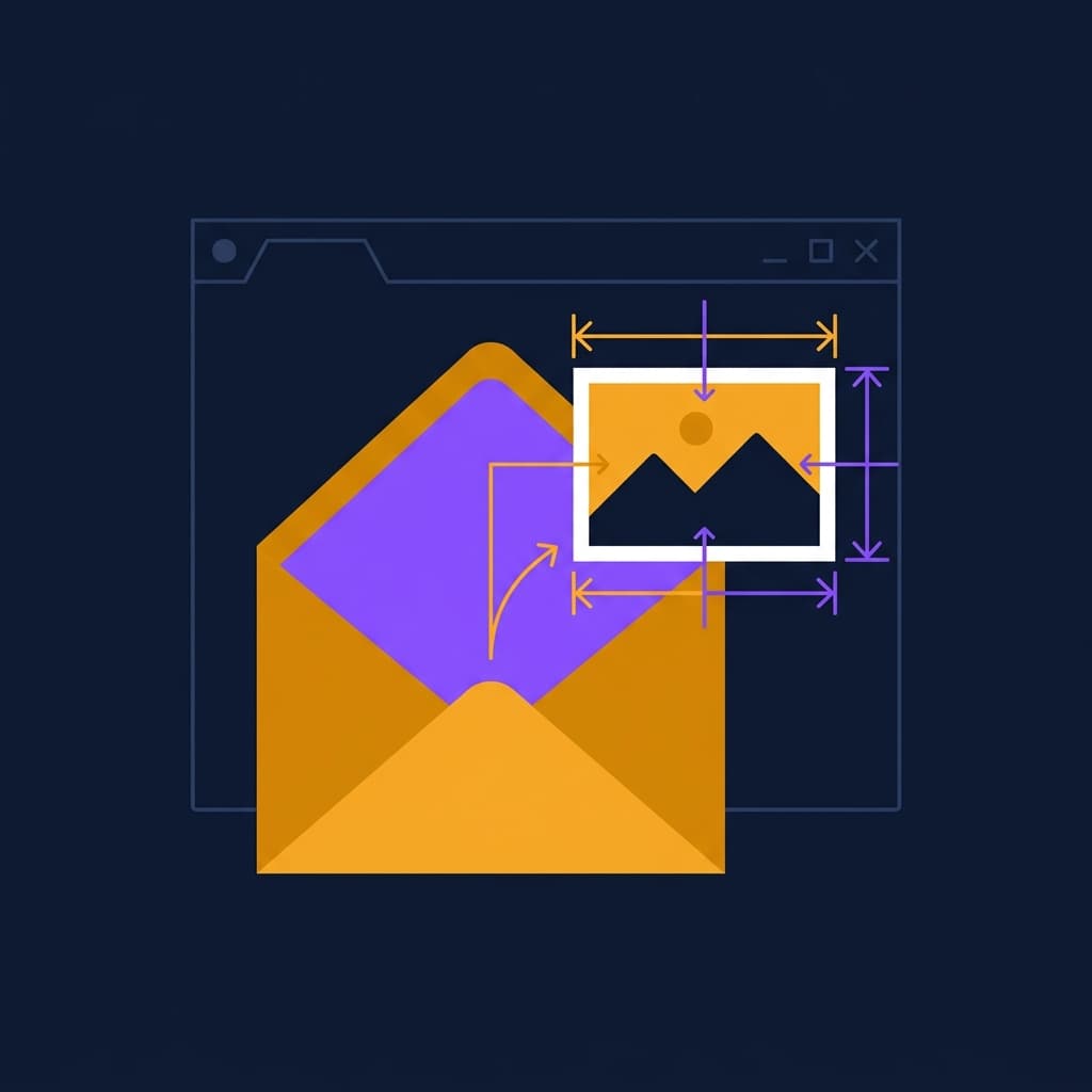 Guide to email image sizes showing an envelope with a photo emerging from it surrounded by dimension indicators