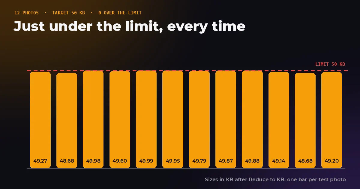 Twelve bars showing file sizes just under a 50 KB limit line, one for each test photo