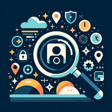 Illustration of a photograph being examined by a magnifying glass revealing hidden GPS, camera, and timestamp data