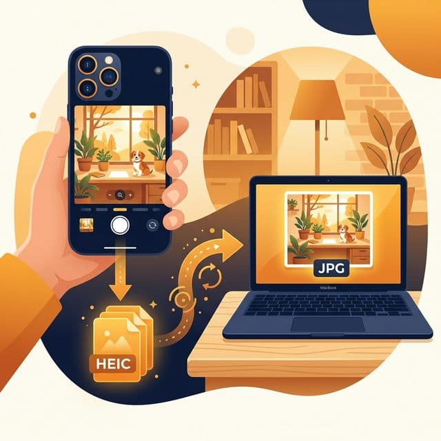 Illustration of an iPhone photo being converted from HEIC format to JPG format on a laptop computer, showing the conversion process from Apple's proprietary image format to universal JPEG