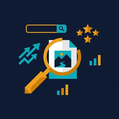 Illustration of a magnifying glass over an image file with SEO ranking elements