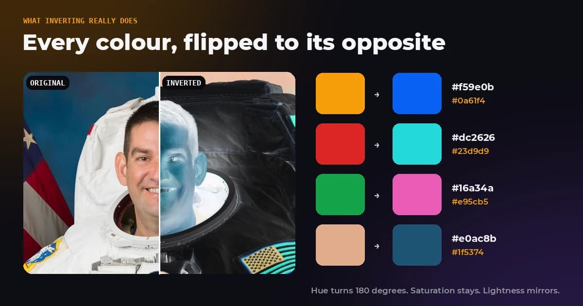 An astronaut portrait split down the middle, normal on the left and colour inverted on the right, with colour swatches showing each colour and its opposite