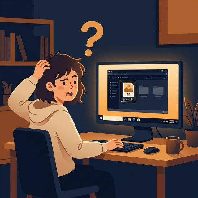 Illustration of a confused person staring at a computer screen showing a mysterious JFIF file, wondering what format it is and why Windows saved it that way