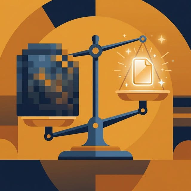 Illustration of a weighing scale comparing a large heavy image file against a small optimized version showing effective file size reduction