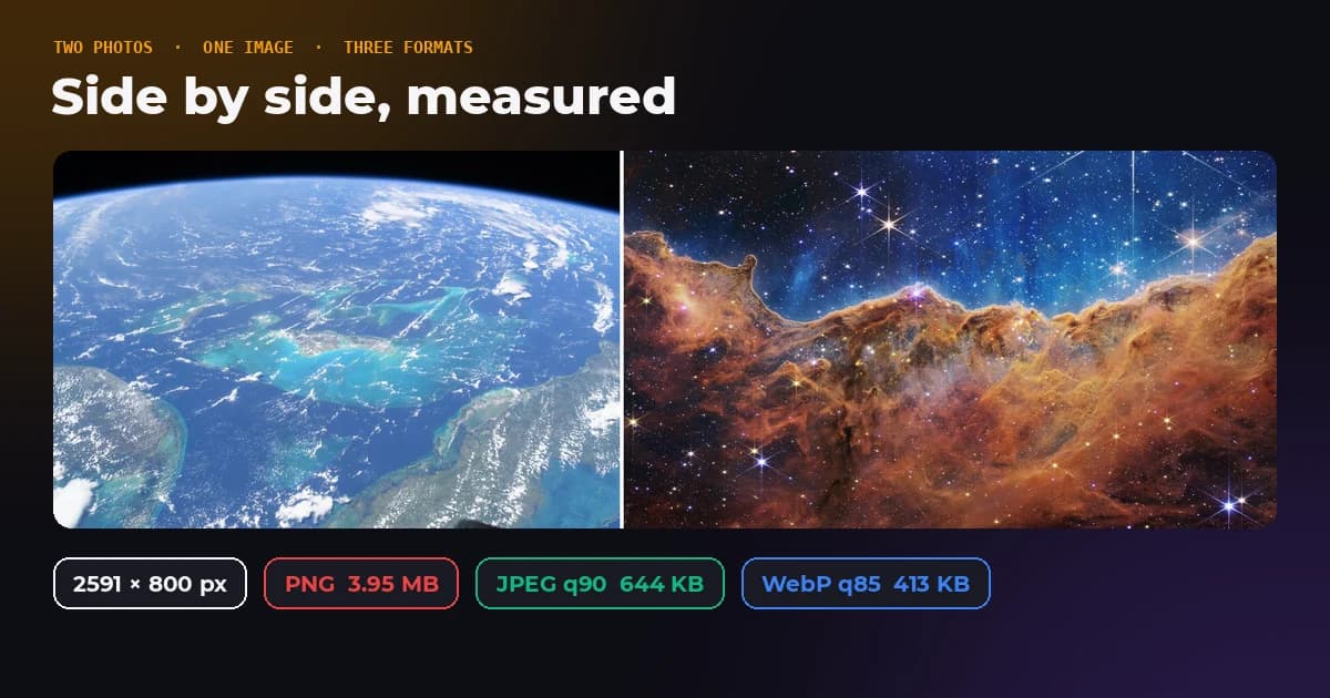 A photo of the Bahamas from orbit placed side by side with the Webb telescope's Cosmic Cliffs image, with the file size of the result in three formats