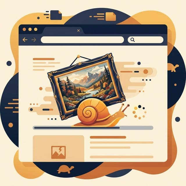 Illustration of a snail carrying a heavy photo frame across a browser window symbolizing how large unoptimized images slow down websites