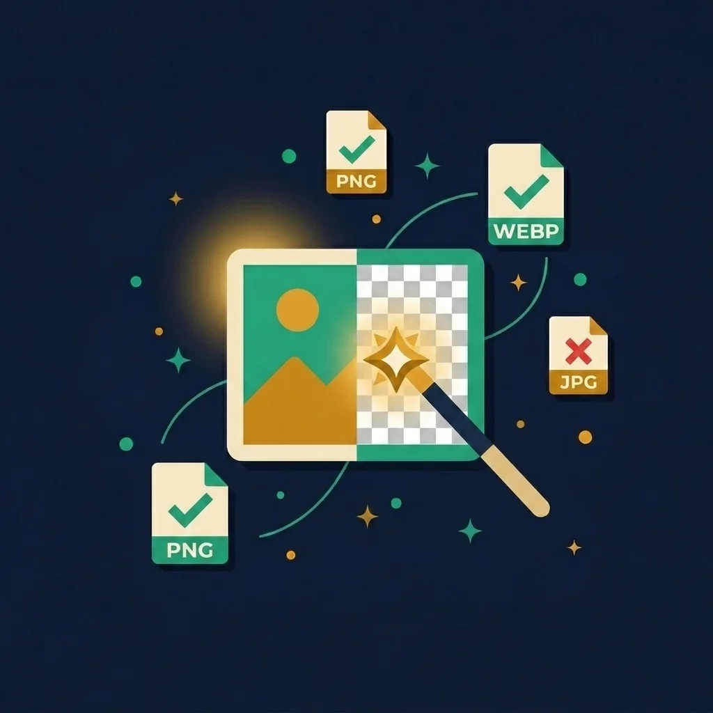 Illustration showing an image with a checkered transparency pattern and format icons