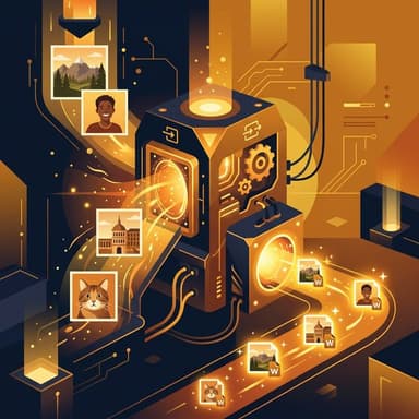 Illustration of images being converted to WebP through a glowing portal