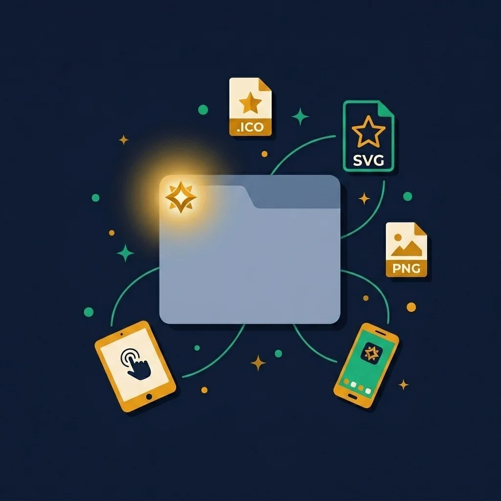 Illustration of a favicon icon in a browser tab with format file icons around it