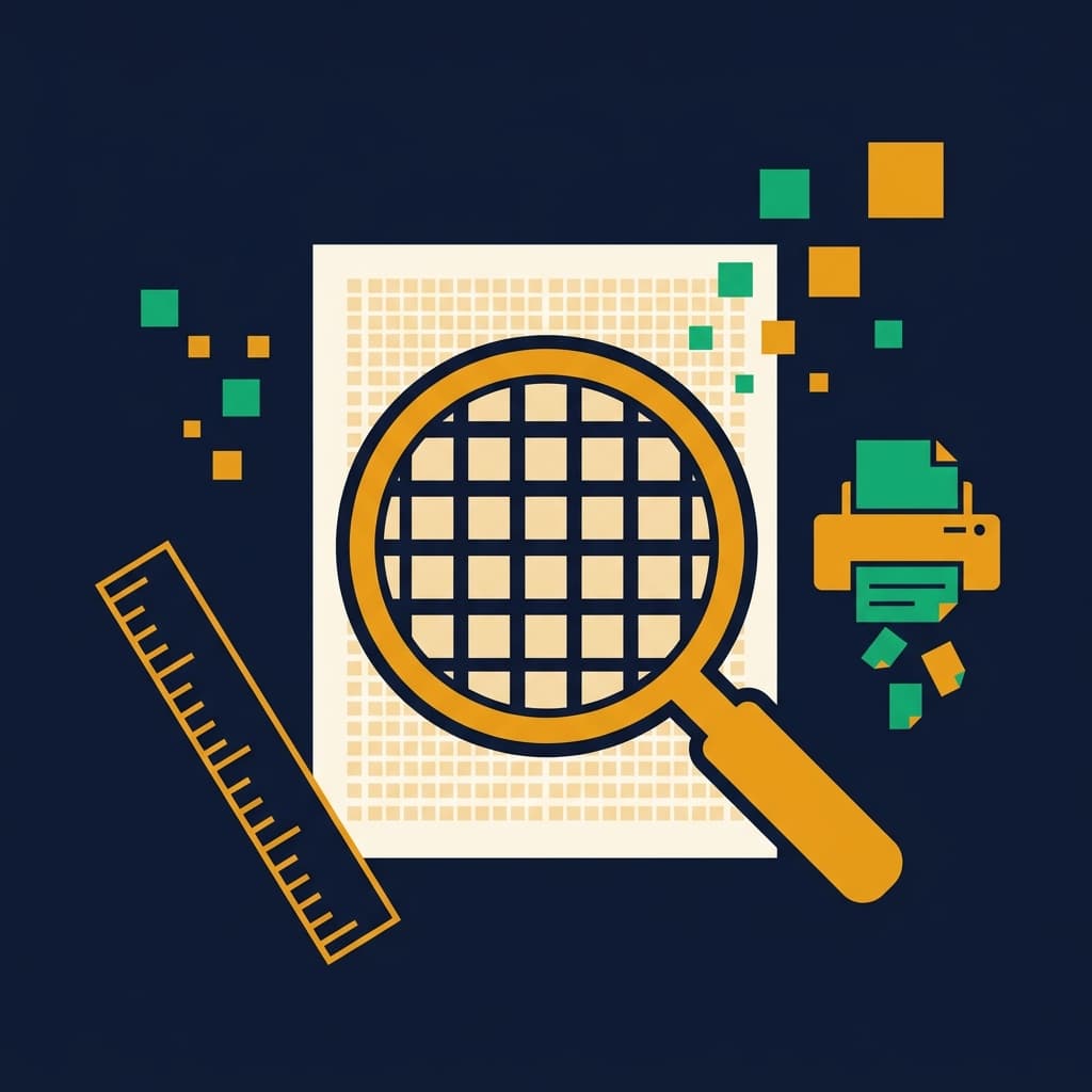 Illustration explaining DPI with a magnifying glass zooming into pixel squares on a document