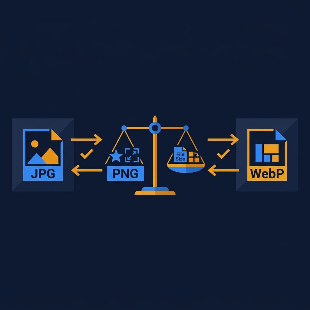 Comparison illustration of image formats JPG PNG WebP with a balance scale weighing quality versus file size