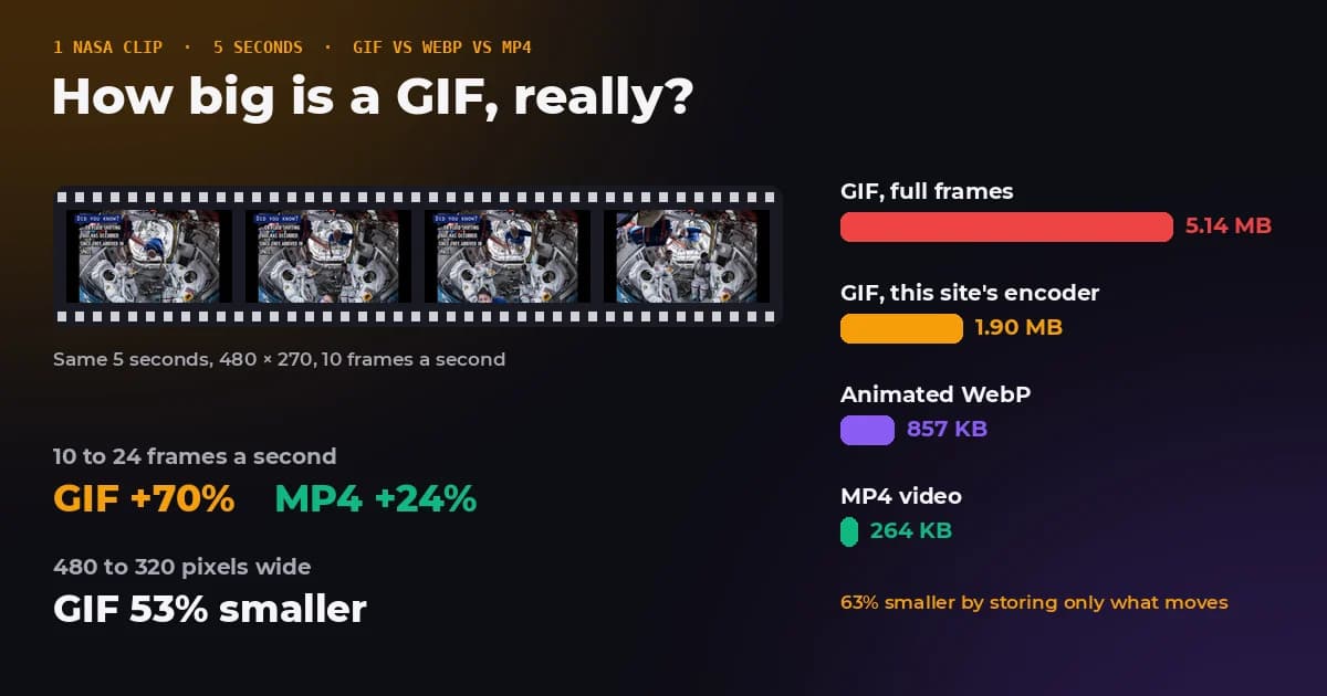 Four frames from a NASA spacewalk preparation clip beside bars comparing the size of the same 5 seconds as a GIF, animated WebP and MP4