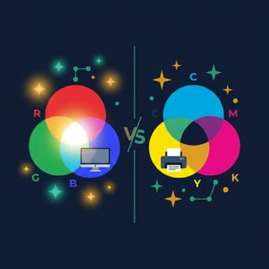 RGB vs CMYK: Which Color Mode and When It Matters Illustration showing RGB light colors on a screen next to CMYK ink colors on printed paper