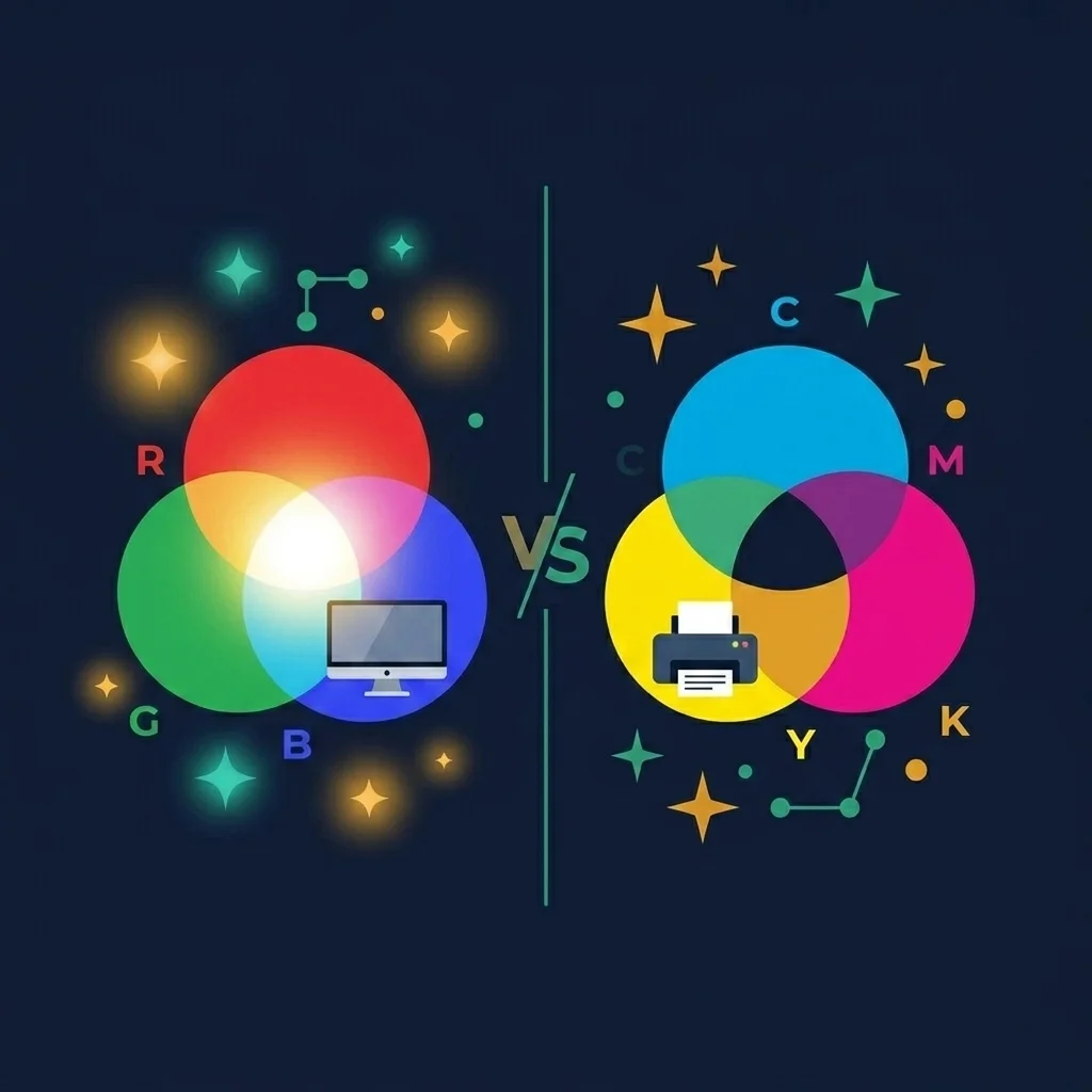 Illustration showing RGB light colors on a screen next to CMYK ink colors on printed paper